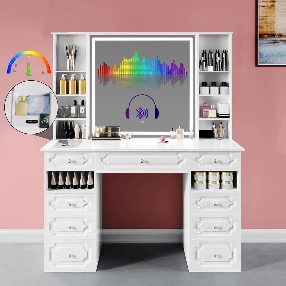 Toeletta Bianca con Specchio, Luci, Porta Maschere, Altoparlante Bluetooth, Ricarica Wireless, 9 Cassetti e 10 Ripiani