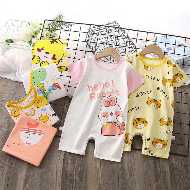 Nuovo cartone animato stampa pagliaccetto bambino manica corta in cotone tuta marsupio estate neonato slim fit tuta sottile 0-24 mesi
