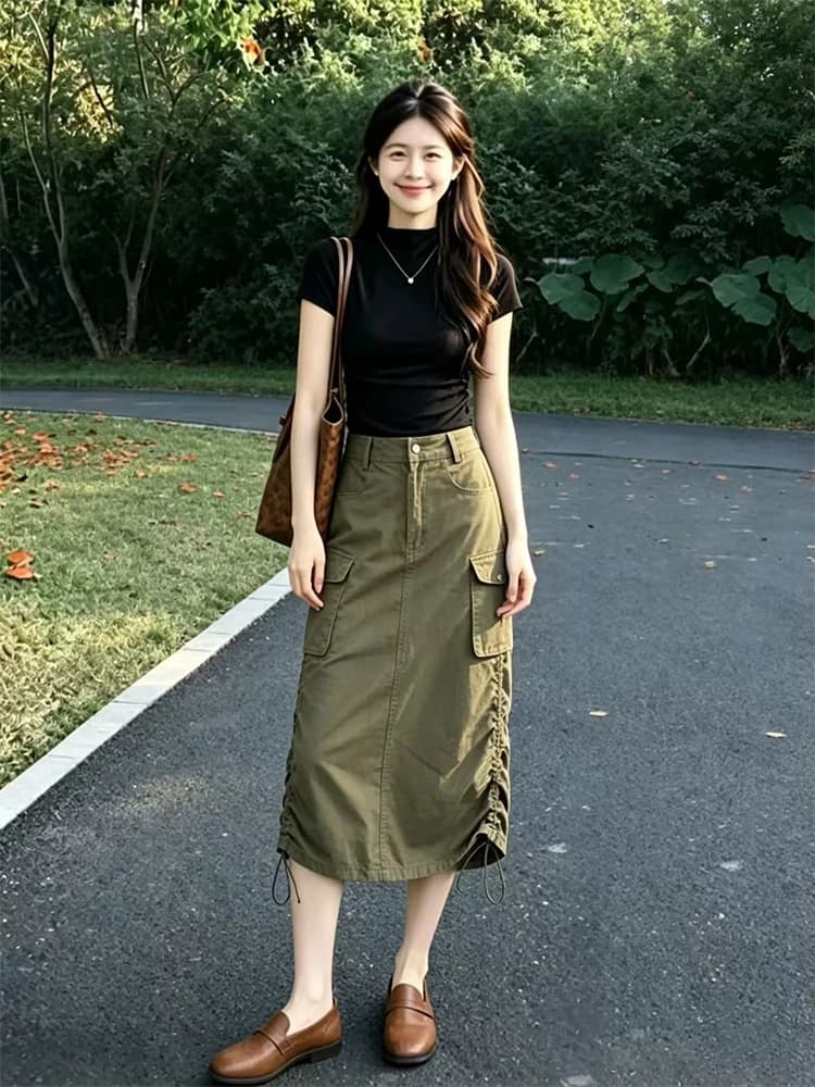 American Casual Workwear High Waist Skirt Women's Summer New Style Shoulder Length Short Sleeve Commute T-Shirt Two-Piec...