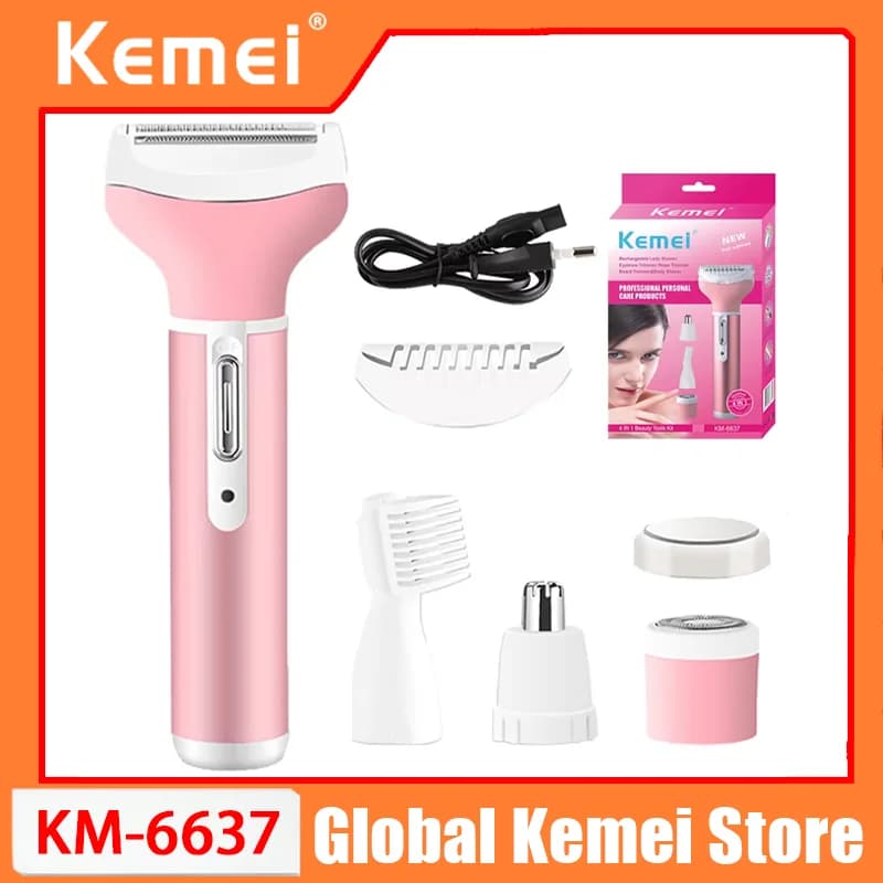 Kemei 6637 4in1 Rasoio Elettrico Donna, Trimmer Viso e Corpo, Regolabarba, Sopracciglia, Naso, Orecchie, Depilazione Donna, Set Ricaricabile per Zona Bikini