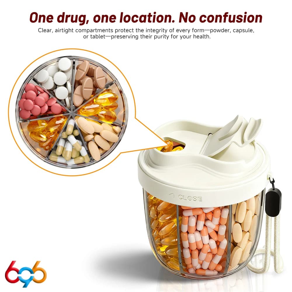 Organizer of supplements for women's and men's bottles to contain 7 various vitamins, travel pills, portable straw container