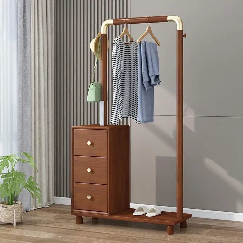 Pure solid wood clothes rack simple now bedroom coat rack hanger floor vertical light luxury floor vertical with lamp