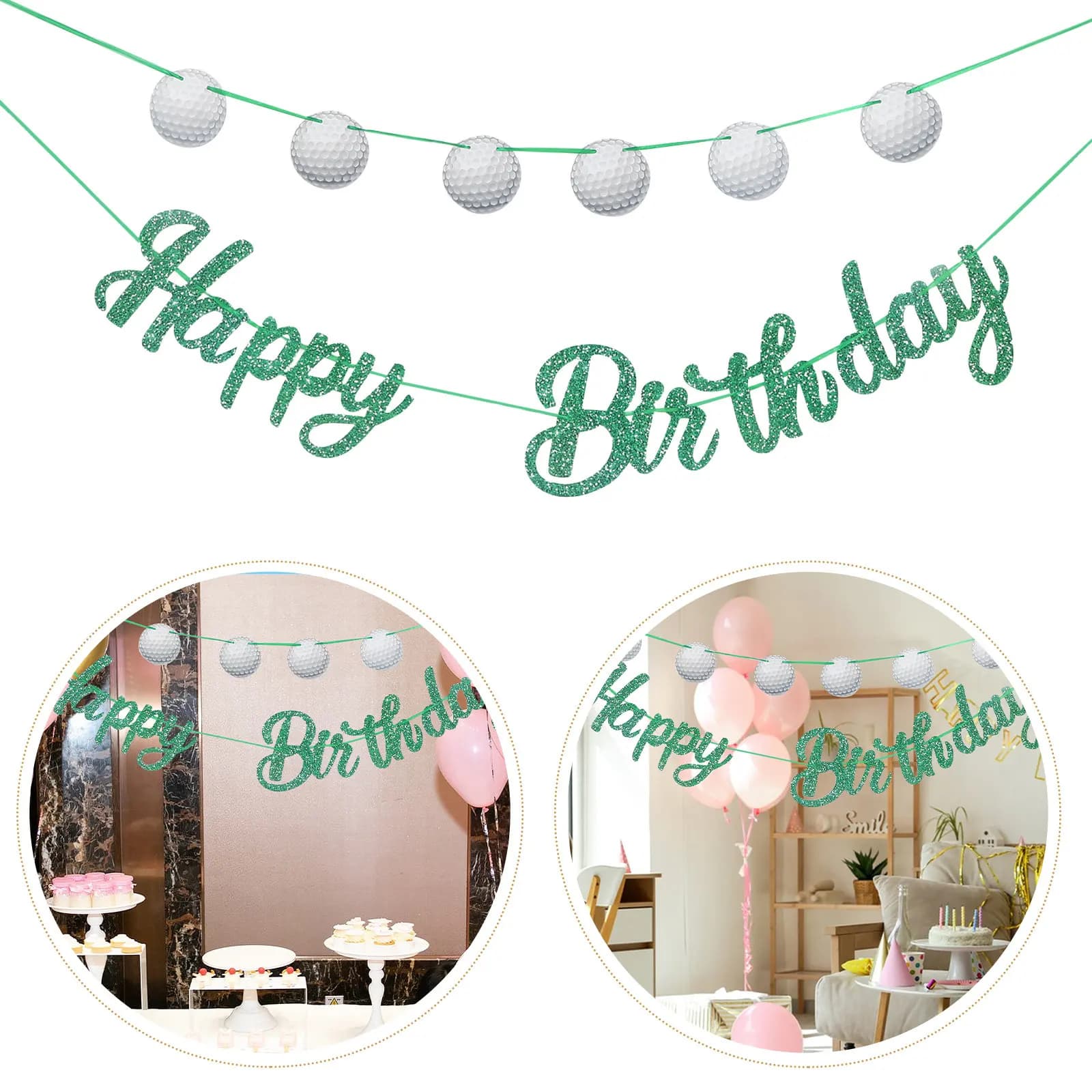 Set di 2 Striscioni per Compleanno a Tema Golf, Bandierine Riutilizzabili con Palline Glitterate, Decorazioni per Feste Sportive, per Interni ed Esterni