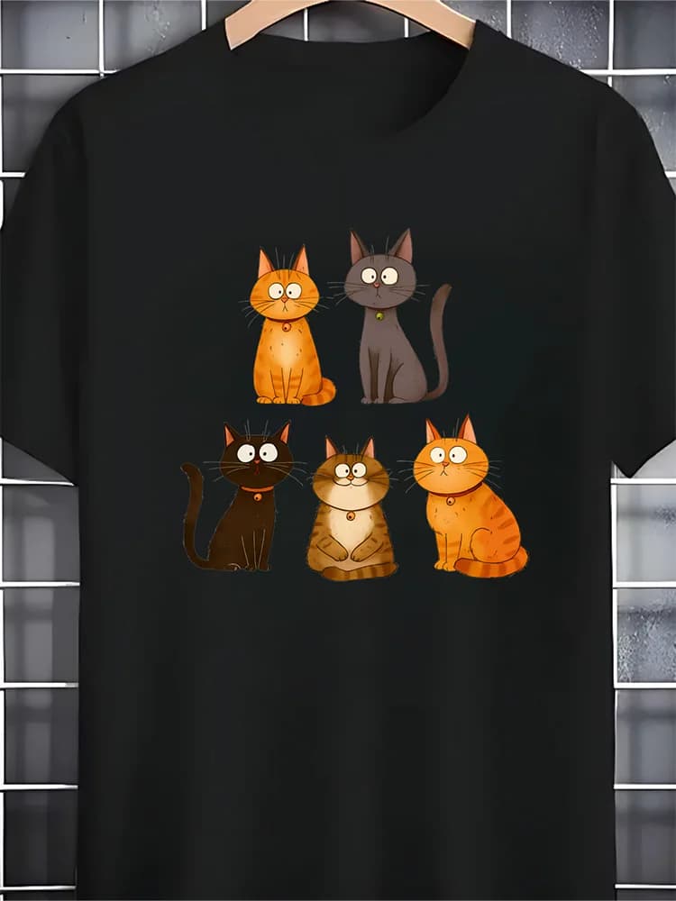 T-shirt girocollo nera da uomo T-shirt seduta con gatti dei cartoni animati WHX 180g