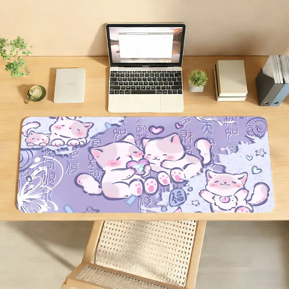 Tappetino per mouse da gioco antiscivolo, tappetino da scrivania con bordi cuciti, di grandi dimensioni, design con gatto dei cartoni animati e cuori, tappetino per tastiera per giocatori