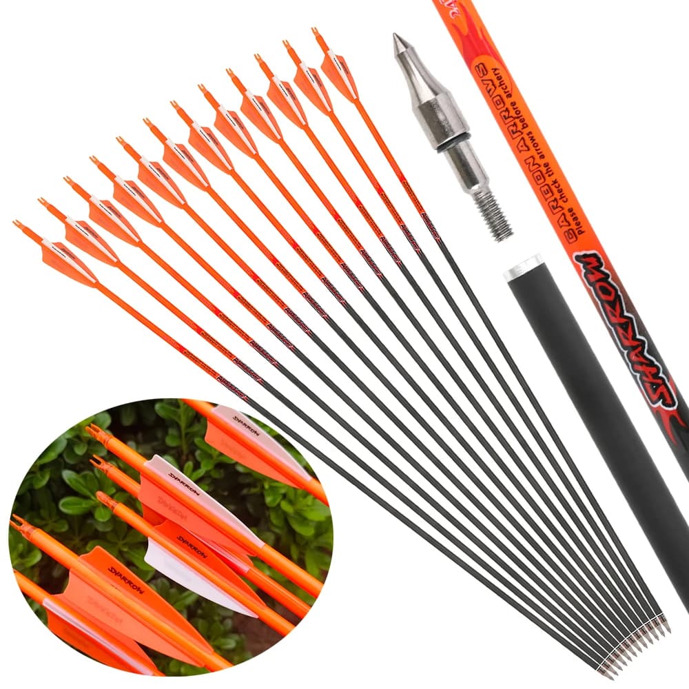 Tiro con l'arco Freccia da 33,7 pollici 6/12 pezzi Freccia in carbonio puro ID 6.2mm OD 7.2mm Piuma di gomma da 3 pollici per l'allenamento Arco da caccia Tiro