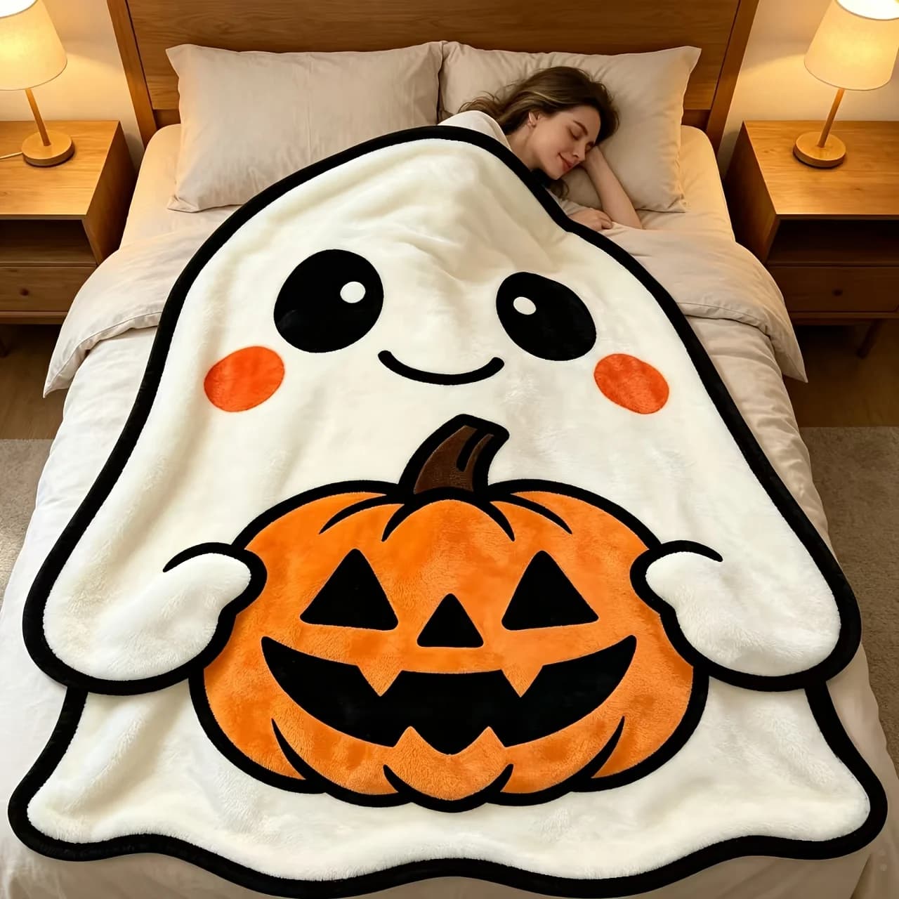 Halloween Flannel Blanket Cute Ghost-Shaped Blanket Soft And Comfortable Novelty Blanket Suitable for Sofa Bed Home Decoration