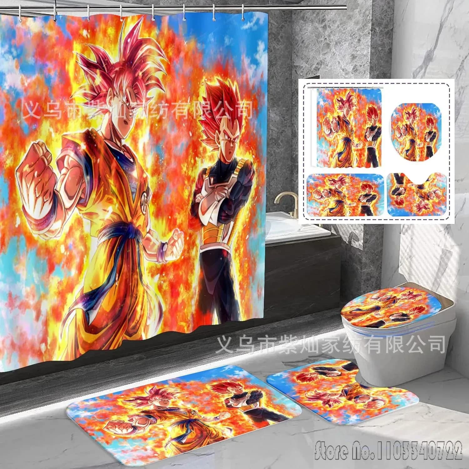 2026 Anime Dragon Ball Son Goku Set of shower curtains 4 pieces Waterproof bath curtains Anti-slip carpet Copriwater bath mat