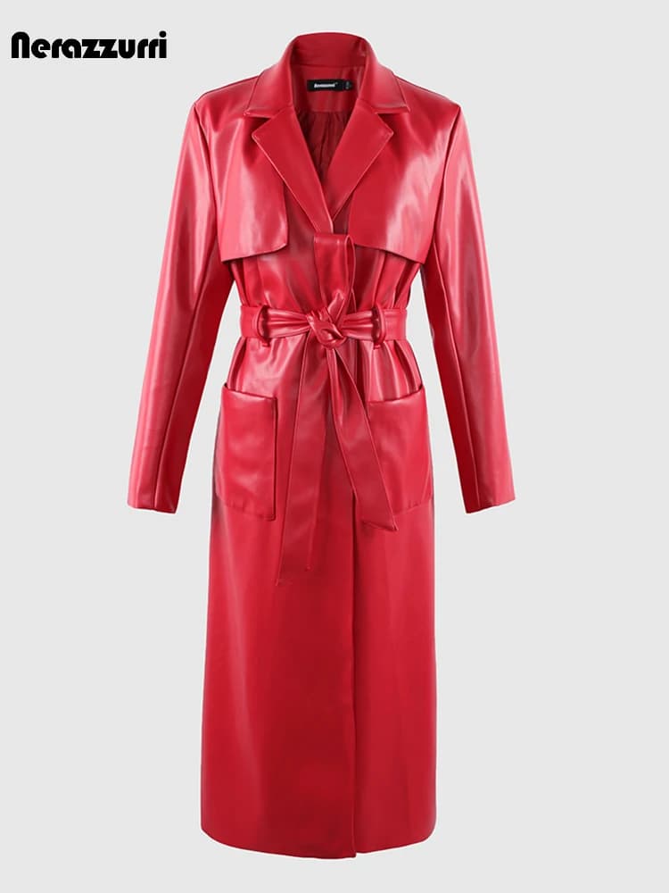 Nerazzurri primavera autunno lungo rosso morbido Trench in pelle Pu per le donne tasche telai lusso elegante Chic elegante soprabito 2023