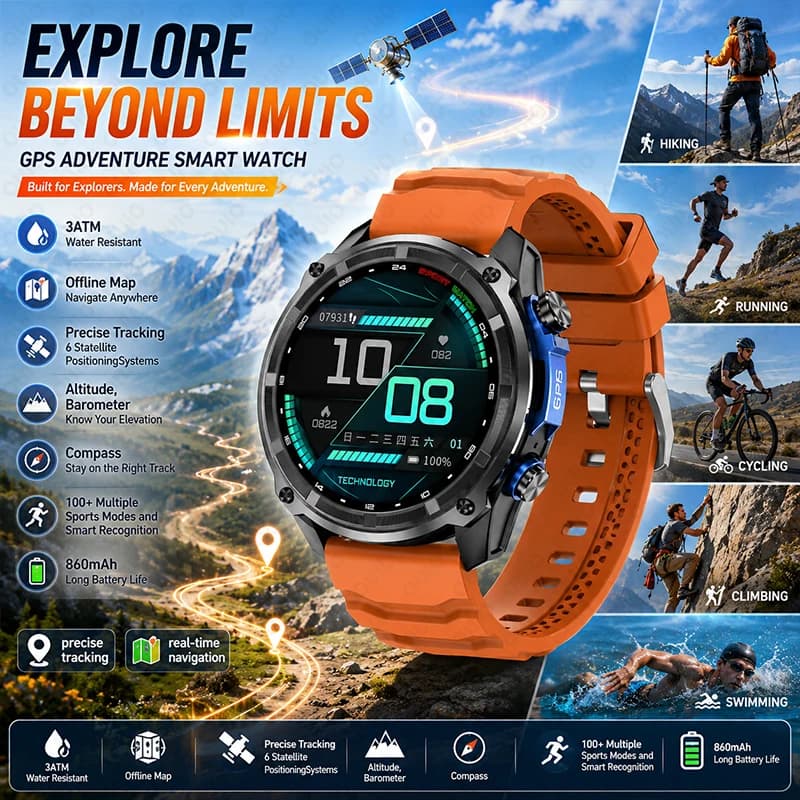 Yaocx Men Smart Watch New Outdoor Precise GPS Map 3TM Waterproof 860mAh Battery 170+Sport Mode Bluetooth Call Compass Smartwatch