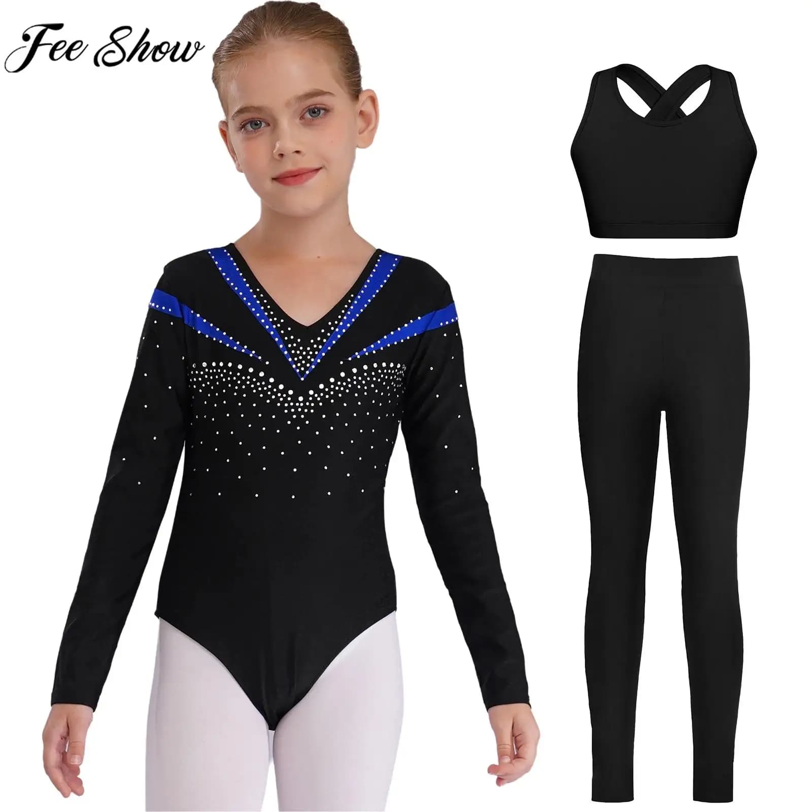 Body da bambina per bambina a maniche lunghe con strass, ginnastica, pattinaggio di figura, con gilet, leggings, balletto, danza, acrobazie, yoga, body