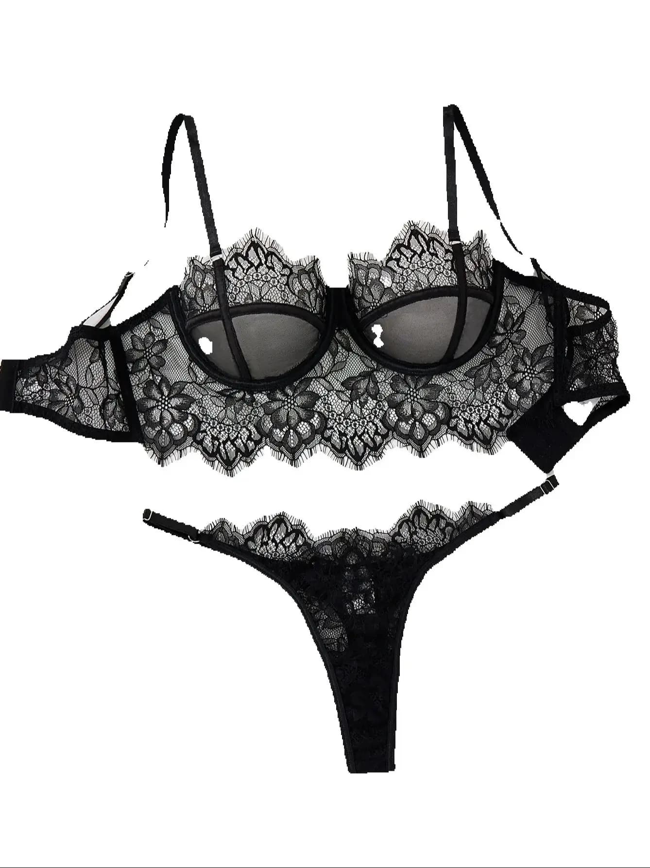 Set di biancheria intima sexy in pizzo da donna, reggiseno decorato con fiori in pizzo e perizoma sexy femminile per donna