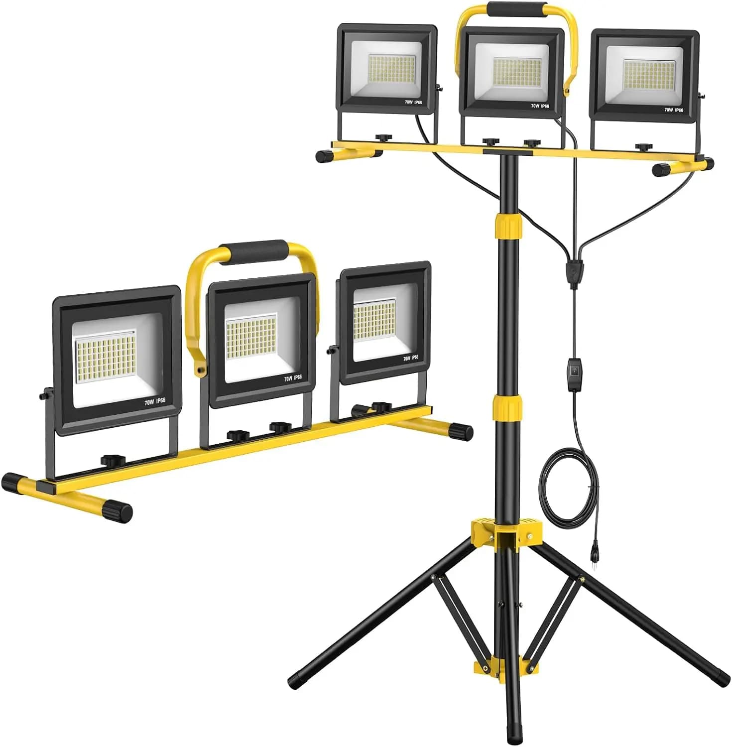 Lampada da Lavoro LED a 3 Teste 21000LM con Supporto, Treppiede Regolabile, Impermeabile, Cavo da 5m per Garage, Costruzioni, Officina