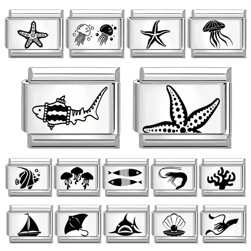 Fashion Marine Animals Series Laser Engraving Starfish Jellyfish Shark Italian Charm Fit 9mm Stainless Steel Bracelet DIY Making