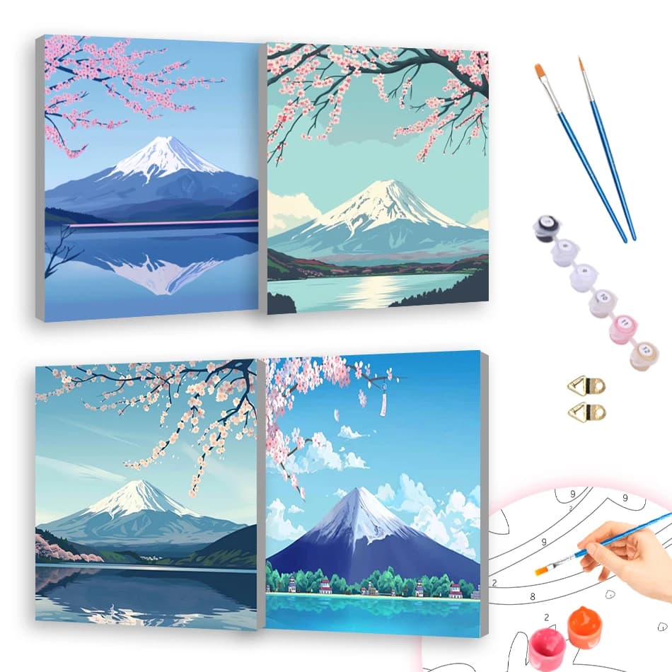 RUOPOTY Oil Painting By Numbers Acrylic Snow Mountain Cherry Blossom Landscape 20x20cm ready Frame For Beginner Simple Paint Kit