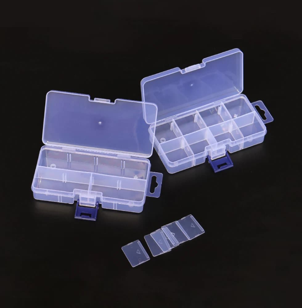Scatola portaoggetti in plastica trasparente, piccola, rettangolare, a 8 scomparti, rimovibile, rialzata, ispessita, robusta, per la classificazione di gioielli e piccoli oggetti.