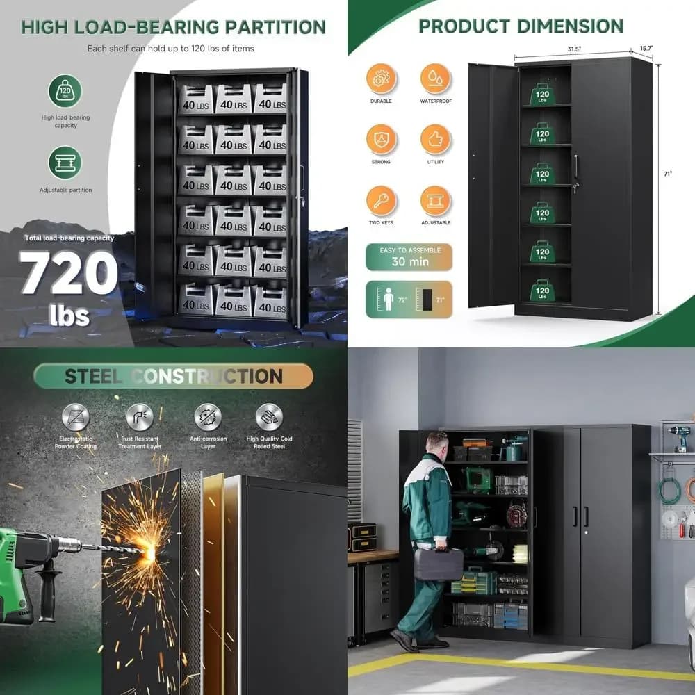Metal Cabinet with Lock, High Steel Organizer for Garage, 5 Adjustable shelves for Home, Office, Warehouse, Workshop