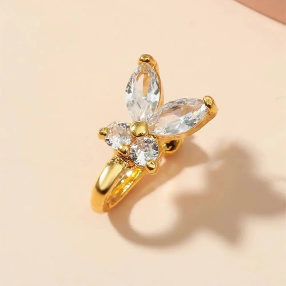 Anello da naso a farfalla con strass, in rame con zirconi, a clip, gioielli per il corpo, finto piercing, non forato, clip per orecchio, per feste