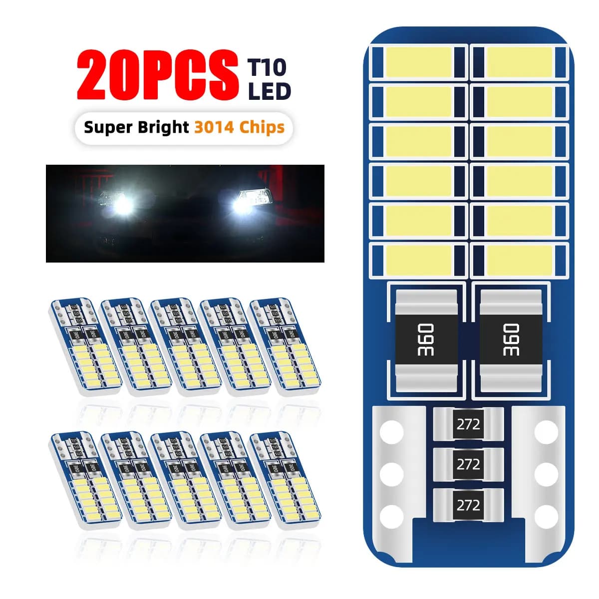 20PCS T10 W5W LED Canbus 3014 24SMD No Error 194 168 T10 LED Car Interior Instrument Light Bulb Lamp 12v Universal White 6000k