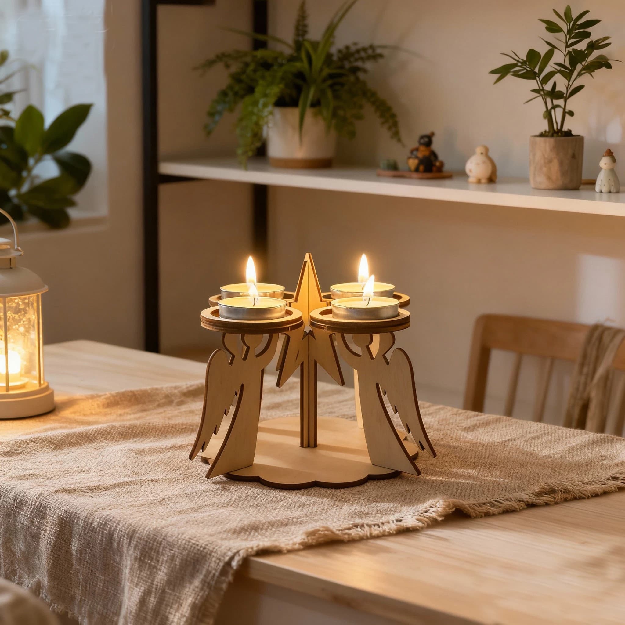 Angelo di Natale in Legno con Ghirlanda e Candelabro, Decorazione Natalizia in Legno per Matrimoni, Ornamento da Tavolo