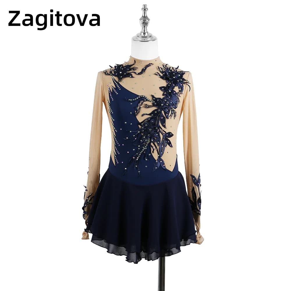 Abito da pattinaggio artistico nero Cheongsam gonna da pattinaggio artistico su ghiaccio bella gonna da pattinaggio Stereo pizzo fiore ragazza/donna