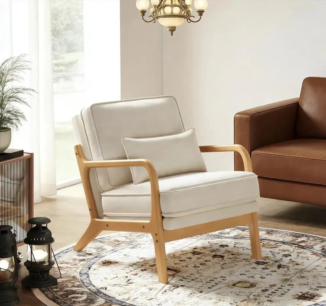 Poltrona Mid-Century con Struttura in Legno Massello, Sedia Relax da Lettura con Cuscino Lombare e Imbottitura Morbida, Poltrona per Soggiorno
