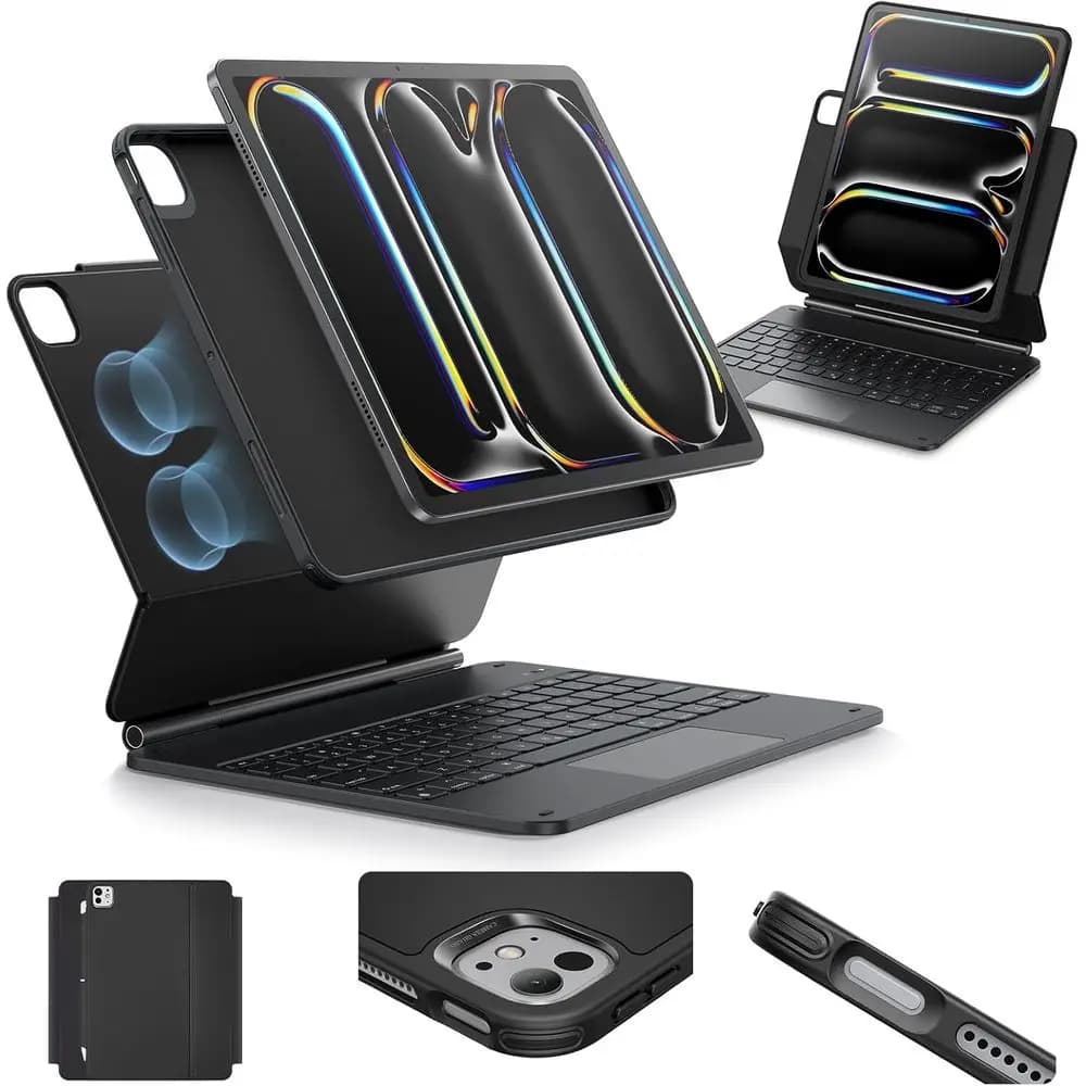 Custodia per iPad Pro da 13 pollici con tastiera rimovibile e supporto a 360 gradi, Nera