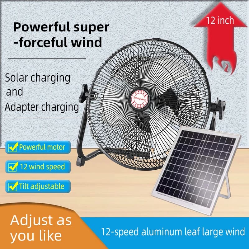 Ventilatore solare portatile da 14 pollici, ventilatore ricaricabile con pannello solare alimentato e caricatore ca doppio ingresso per campeggio, pesca all'aperto