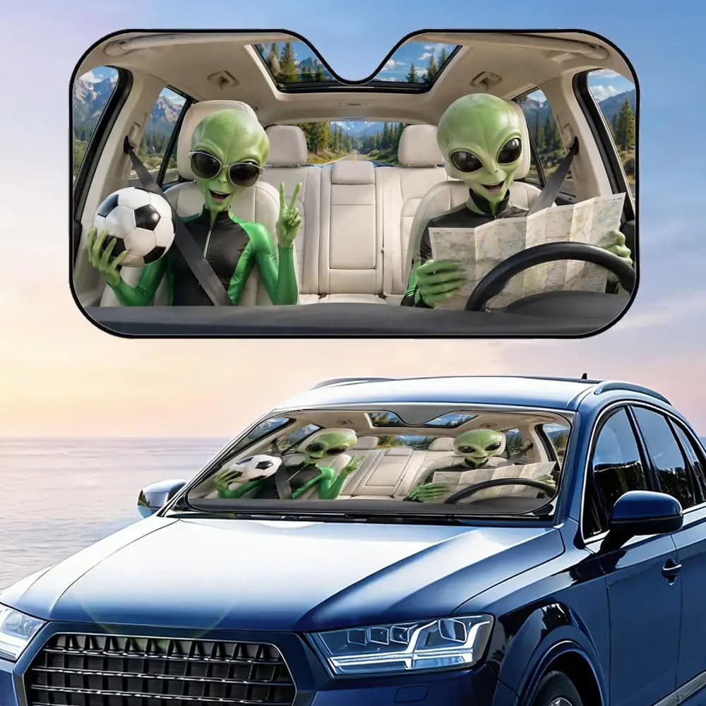 Parasole per Auto con Design Alieno che Tiene una Mappa e Pallone da Calcio, Protezione UV, Riflettente, Pieghevole, Isolante Termico