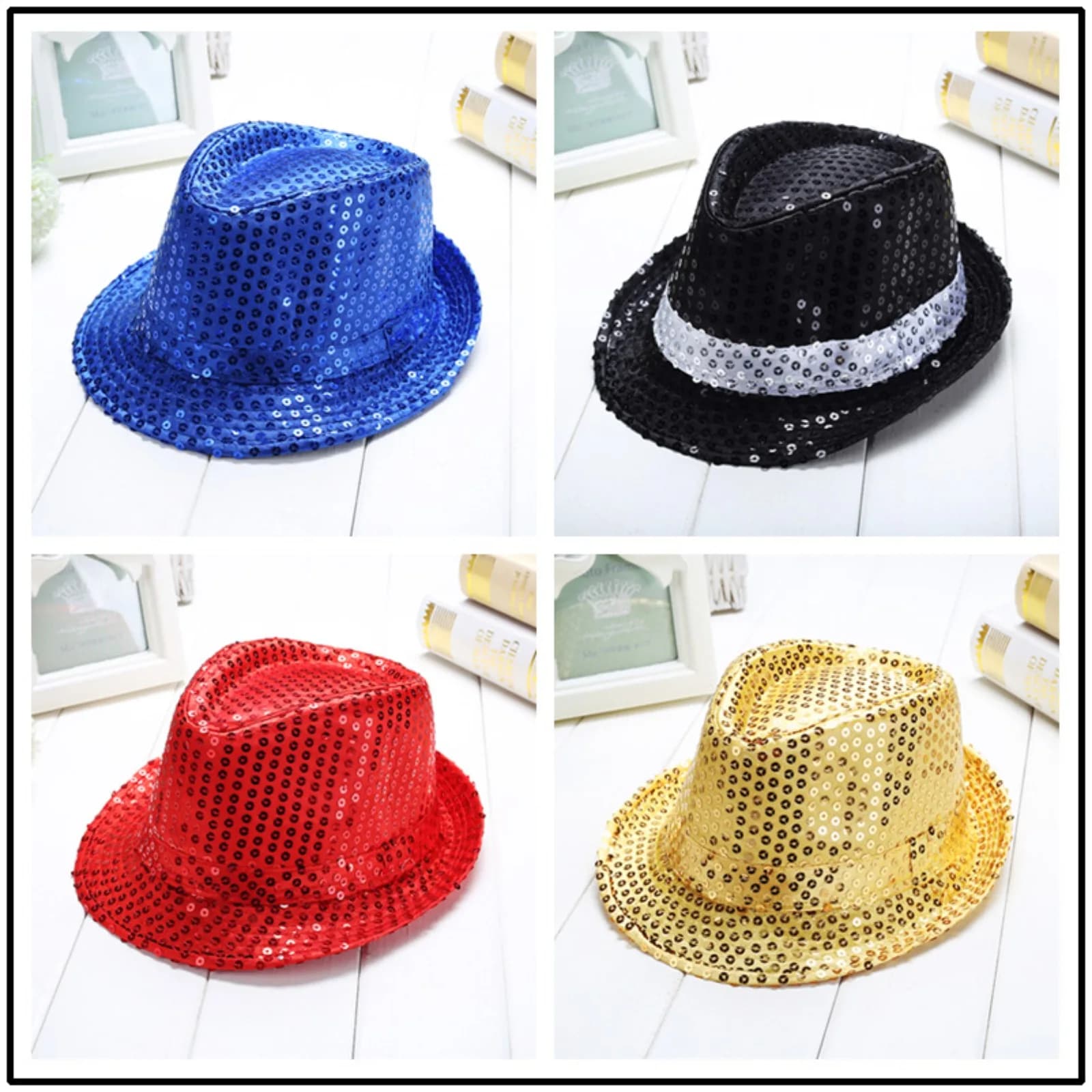 Cappello da jazz con paillettes glitterate Gioco di ruolo Costume da performance Donna Uomo Cappelli con perline lucide Spettacolo di danza Festa Hip Hop