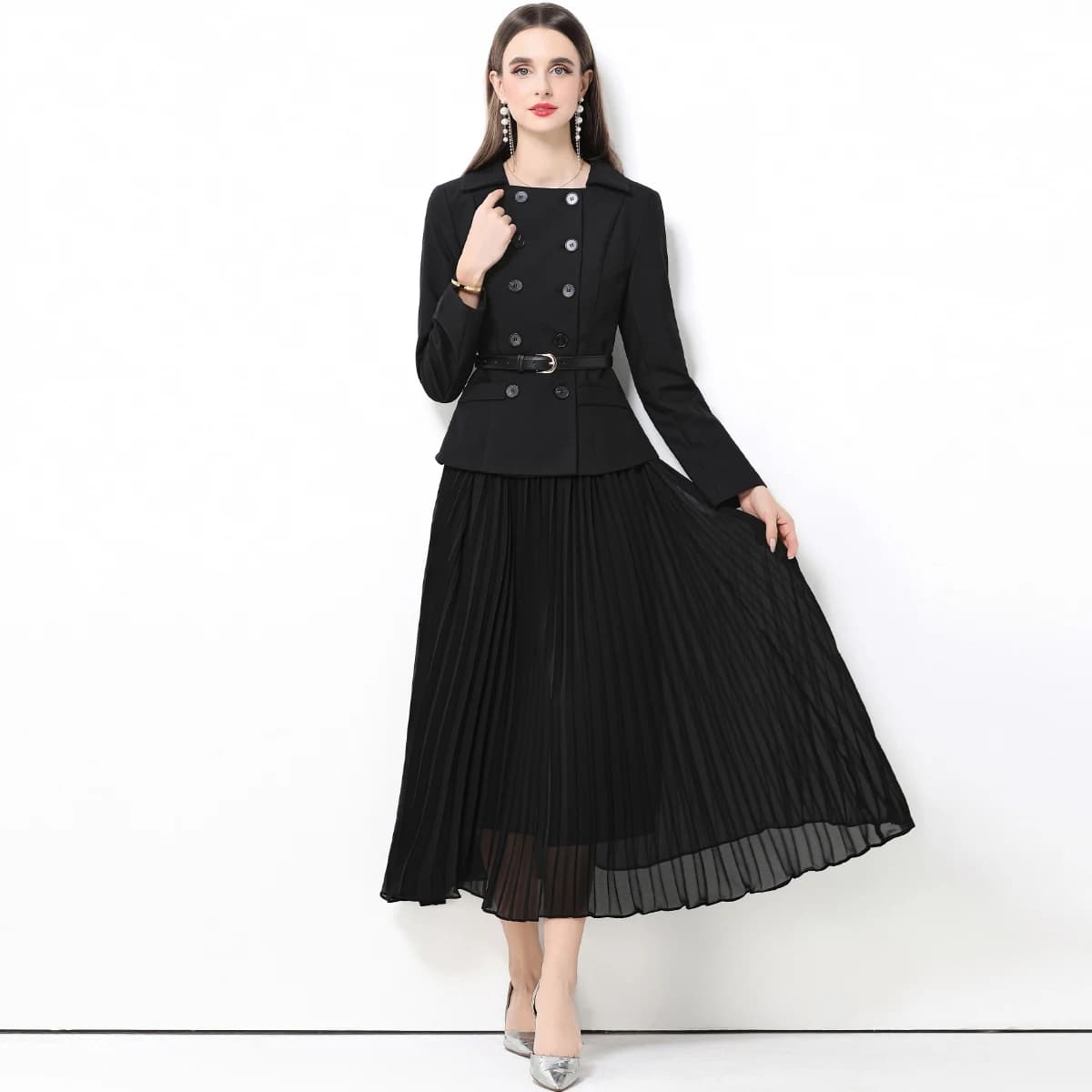 Black Double-Breasted Lapel Decoration Dress Women Pleated Skirt False Two-Piece Waist-Cinching Look Chic Dress Comes with Belt