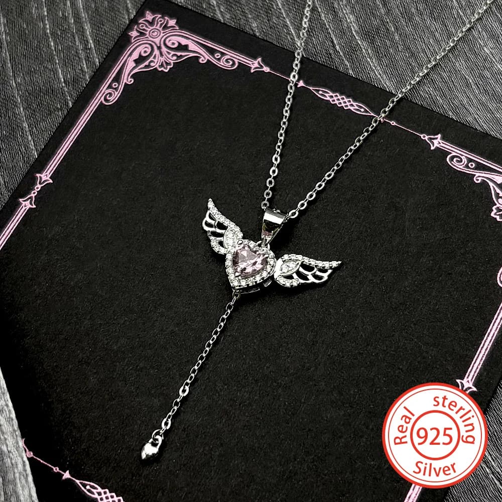 Collana con Ciondolo a Forma di Ala d'Angelo e Cuore Rosa in Argento Sterling 925 con Zirconi per Donne e Ragazze, Catena per Clavicola Color Argento, Regalo di Gioielleria