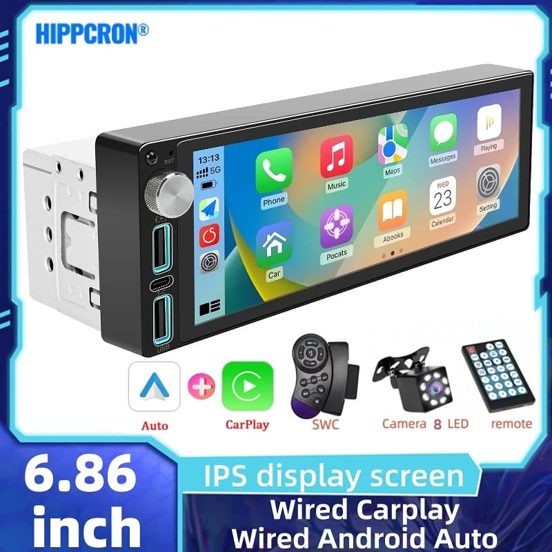 Autoradio HIPPCRON 6.86 Pollici 1 Din con Carplay Cablato e Android Auto, Schermo per Auto con Luce a 7 Colori e Telecamera Opzionale
