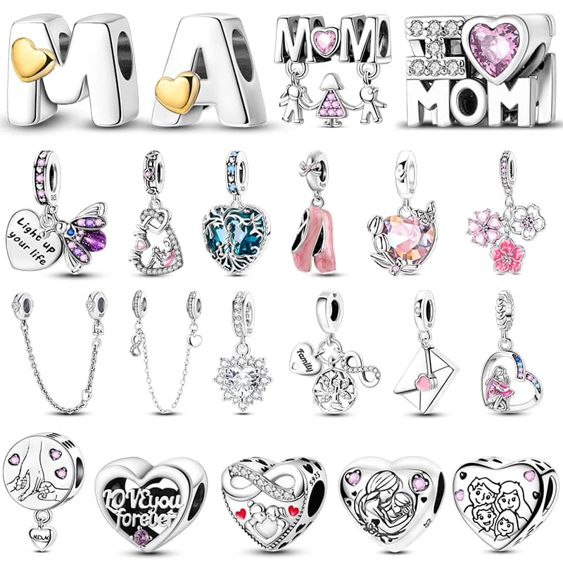 Collezione di Ciondoli in Argento Sterling 925 per la Festa della Mamma, Charm a Cuore per Mamma e Famiglia, Compatibili con Bracciali e Collane, Regalo Fai-da-Te per Donne