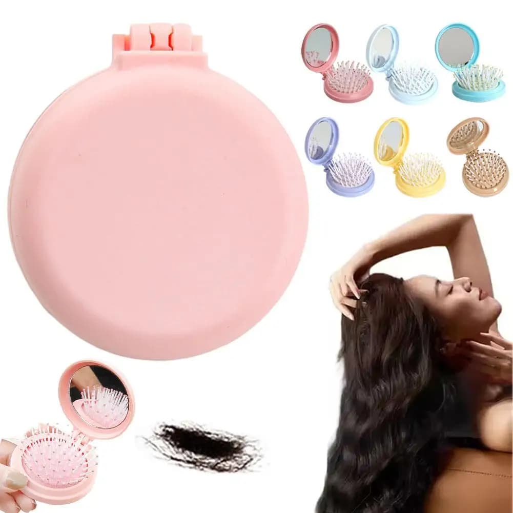 Pettine pieghevole con mini specchio per il trucco, portatile, grazioso, con massaggiatore, spazzola per capelli, pettine con cuscino d'aria per uso quotidiano, studenti e viaggi