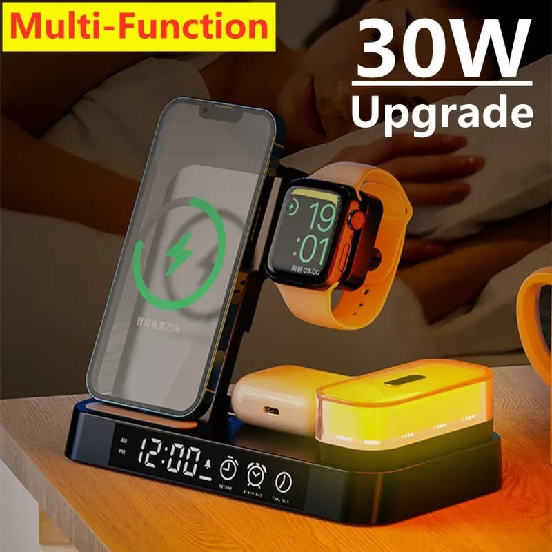 30W 3 in 1 caricabatterie wireless supporto sveglia luce notturna stazione di ricarica rapida dock per iPhone Samsung Galaxy Watch IWatch
