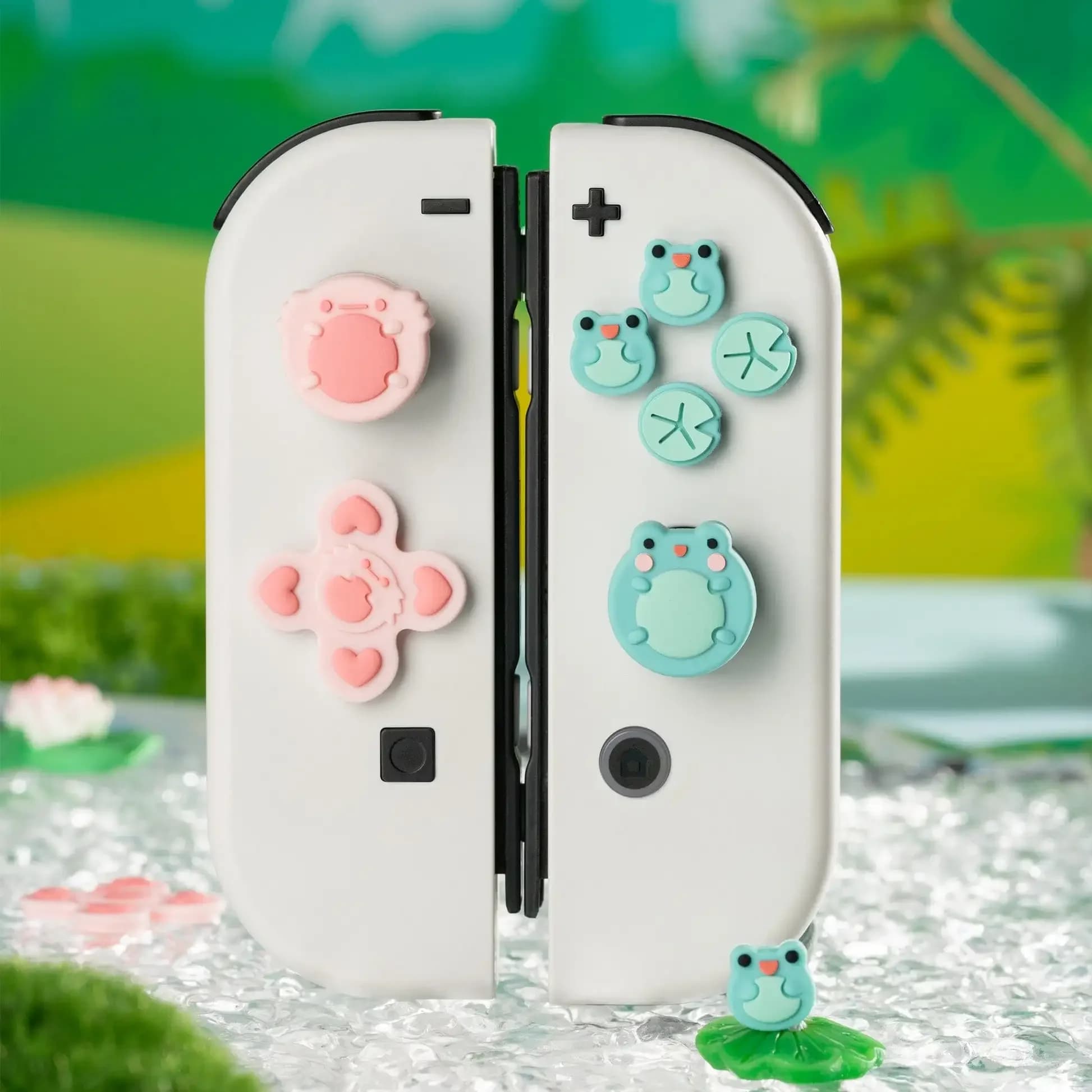 Simpatica rana in silicone morbido D-pad pulsante incrociato ABXY chiave adesivo custodia in pelle per interruttore Oled NS Joy-con Thumb Stick Grip Cap Cover