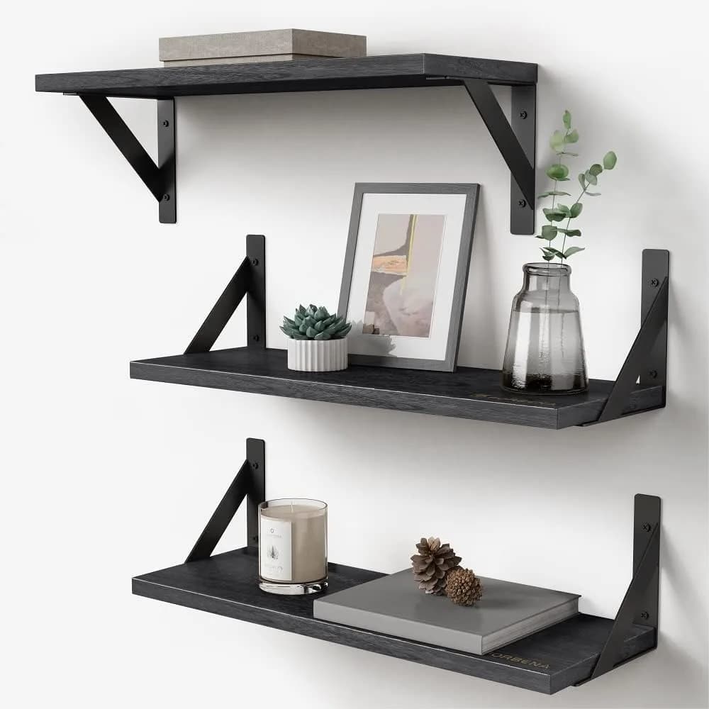 Set di 3 Mensole Galleggianti Nere da Parete, Scaffali Rustici in Legno con Staffe, Organizzatore per Bagno e Soggiorno