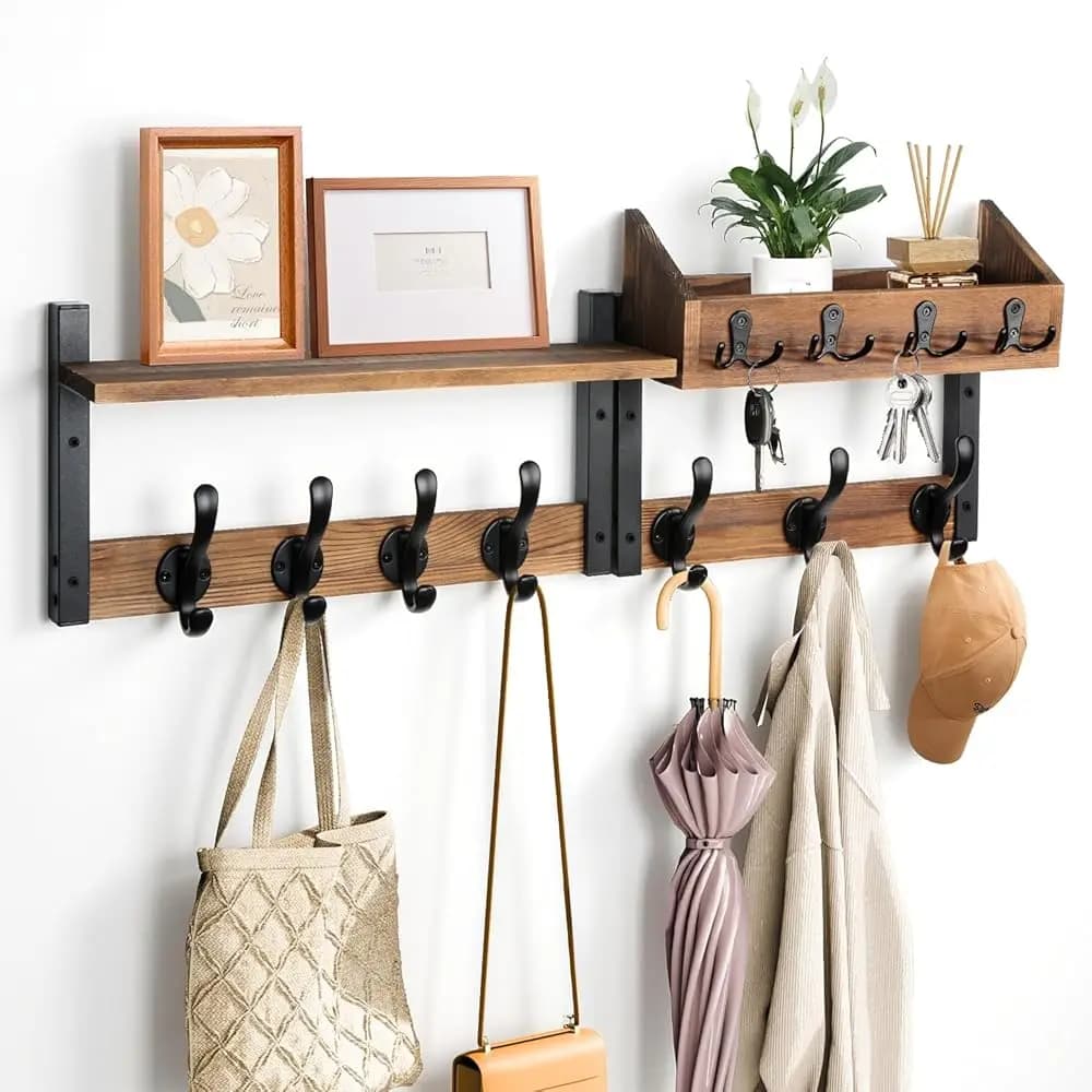 Appendiabiti da Parete con Mensola, 4 in 1, in Legno, con 11 Ganci Metallici per Vestiti, Chiavi, Cappelli, Zaini, Appendiabiti da Muro