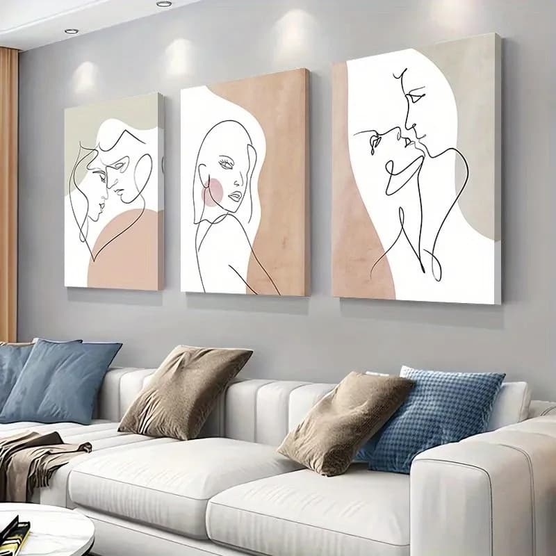 Set di 3 Quadri su Tela con Cornice, Arte Astratta Moderna con Linee, Ritratto di Coppia, Decorazione Murale Contemporanea per Camera da Letto e Soggiorno