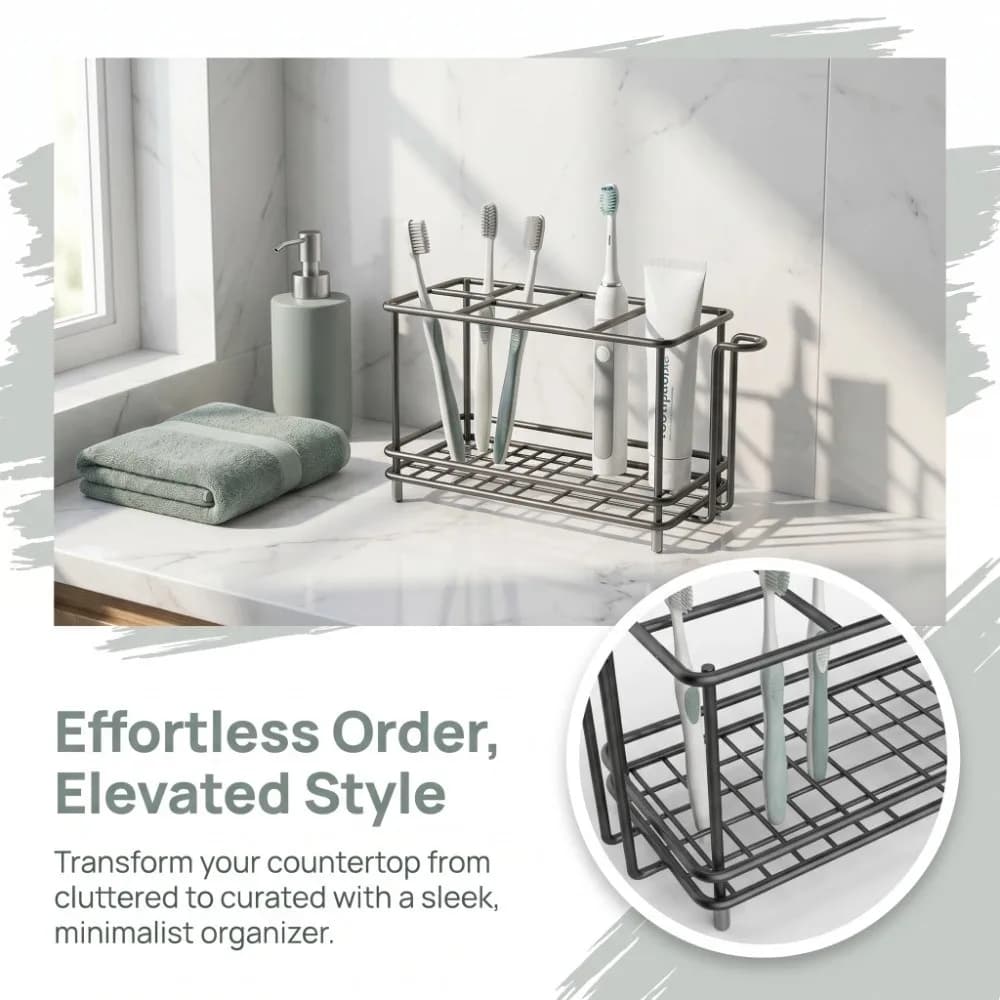 Portaspazzolini Multi-Slot in Acciaio al Carbonio Antiscivolo, Organizer da Bagno con Portabicchieri, Salvaspazio, Scaffale Portaoggetti da Bagno e da Scrivania