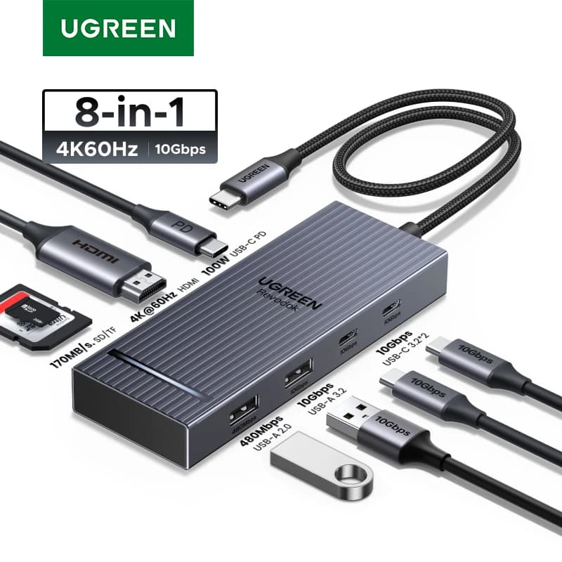UGREEN HUB USB 8 in 1 da tipo C a 4K60Hz HDMI USB-A&C 3.2 Gen 2 10Gbps PD100W SD/TF per MacBook Pro/Air iPad Pro XPS Thinkpad Dock