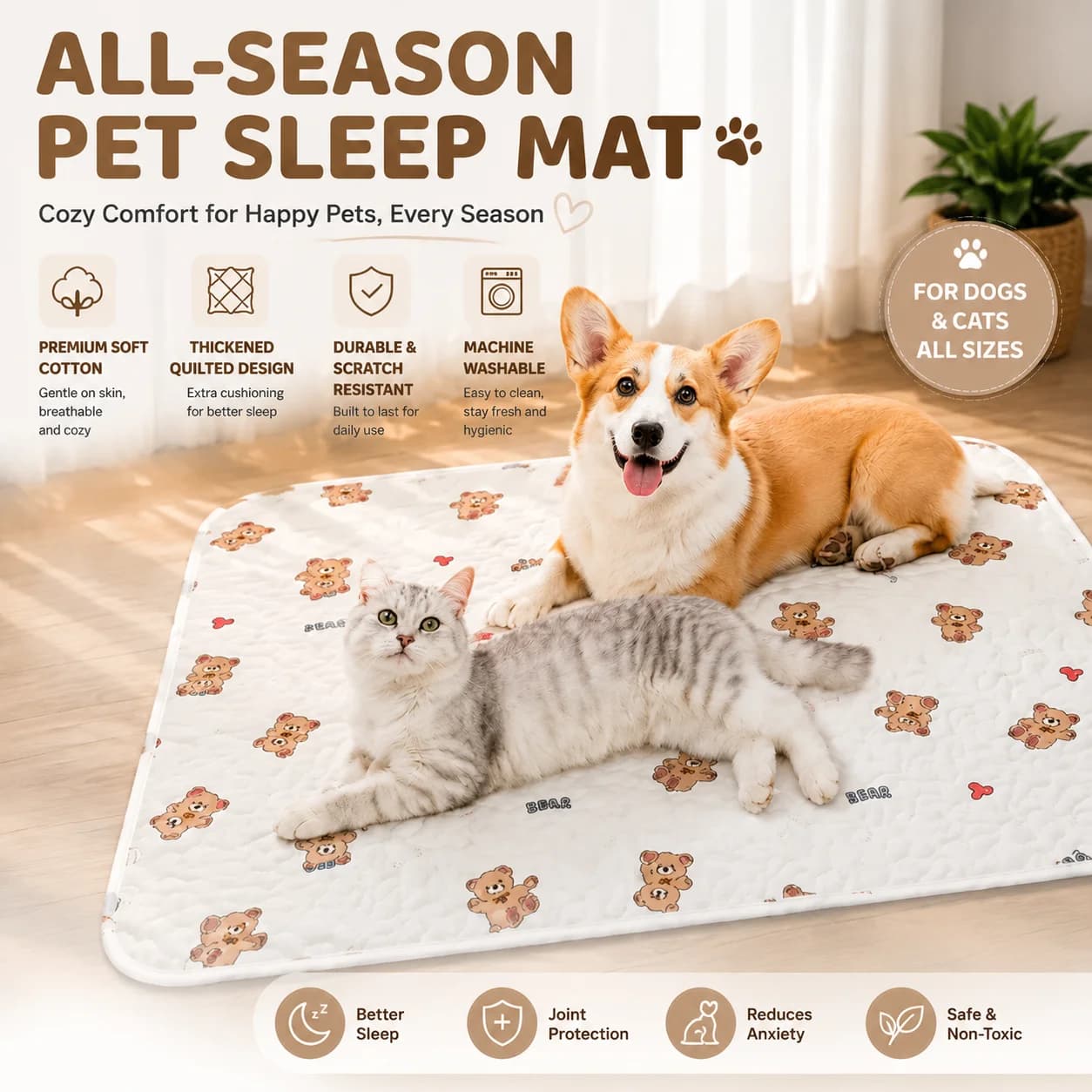 Pet Bed Mat for Dogs Cats Summer All Season Soft Quilted Sleeping Pad Non Slip Washable Comfortable Puppy Cat Blanket