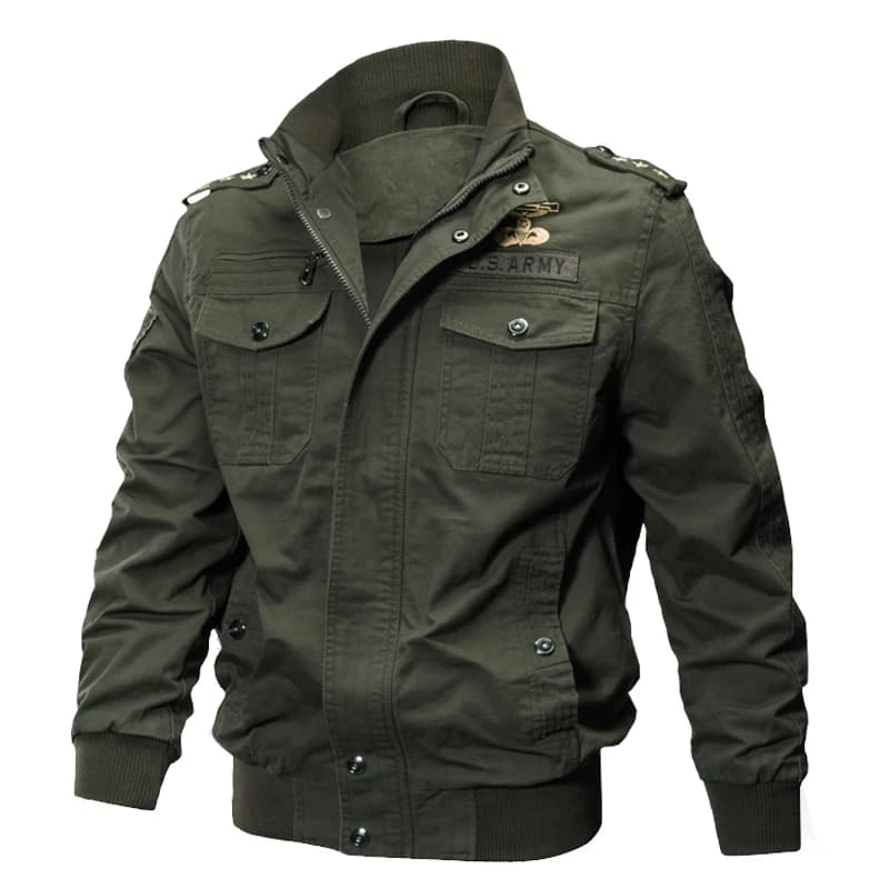 Spring Autumn Military Green Jacket Men's Slim Fit Thin Baseball Style Casual Top Zipper Closure Long Sleeve Cotton Coat