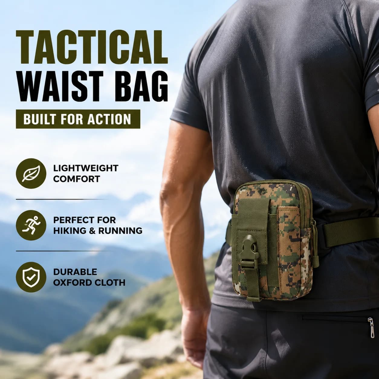 2PCS Men's Tactical Waist Bag for Hiking Running Oxford Cloth Sports Fanny Pack Outdoor Belt Bag S-002