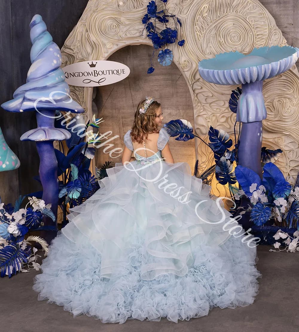 Abito da ragazza di fiori per matrimonio Abiti da ballo per prima comunione per feste di compleanno per bambini gonfi in tulle azzurro con applicazioni a strati personalizzati