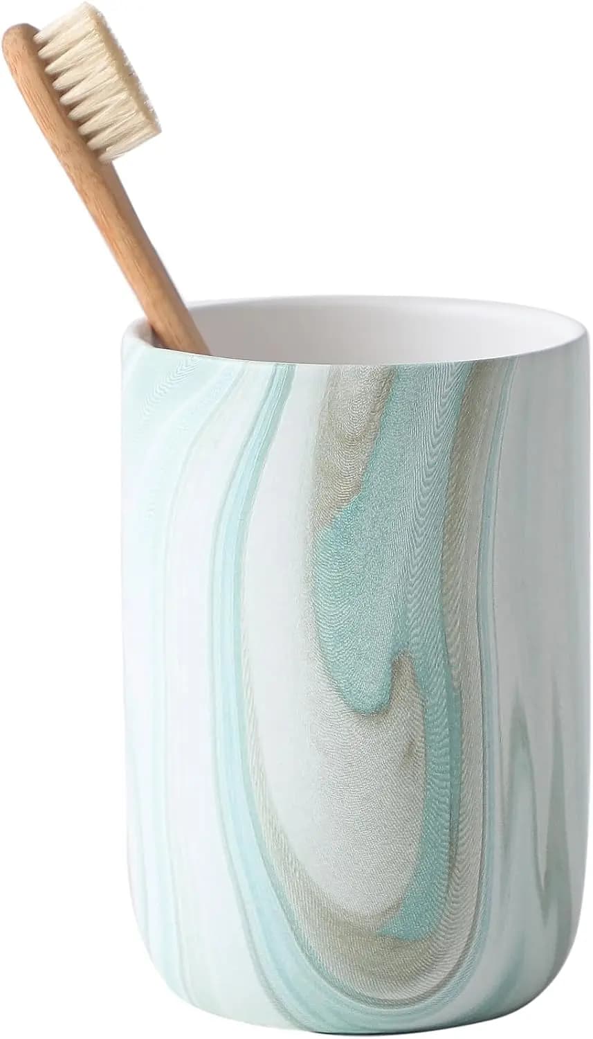 Portaspazzolino in Ceramica Effetto Marmo per Bagno - Organizzatore con Bicchieri Riutilizzabili, Design Verde