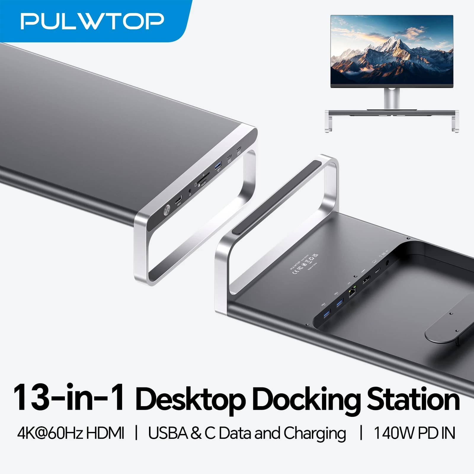 PULWTOP Docking Station USB-C 13-in-1 con Porte USB-A/C, 4K60Hz, Slot per Schede SD/TF, Ethernet