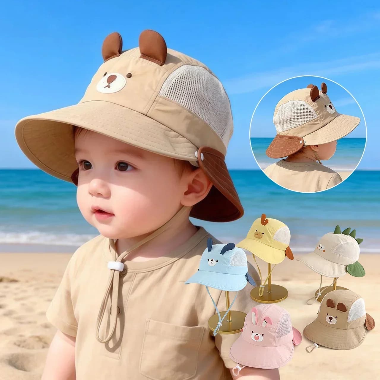 Baby Cartoon Bear Rabbit Ear Sun Hat Breathable Mesh Wide Brim Detachable Shawl UV Protection Visor Cap Summer Beach Travel Hat