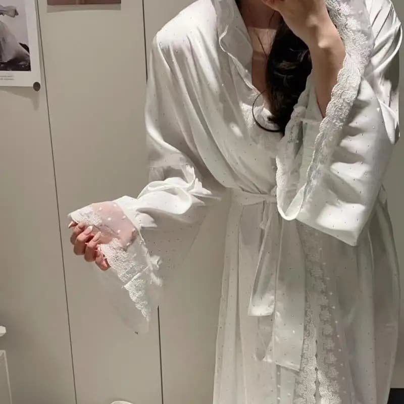 Kimono con cappuccio Abito lungo da sposa in pizzo da donna di lusso con strass Trim Intimo Lingerie 2 pezzi Accappatoio Set da notte femminile per feste
